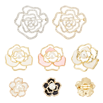 ARRICRAFT 6Pcs 6 Style Flower Safety Pin Brooch for Women, with Enamel and ABS Plastic Imitation Pear, Crystal Rhinestone & Resin, Mixed Color, 29~51x29~50x10~18mm, Pin: 0.8mm, 1pc/style