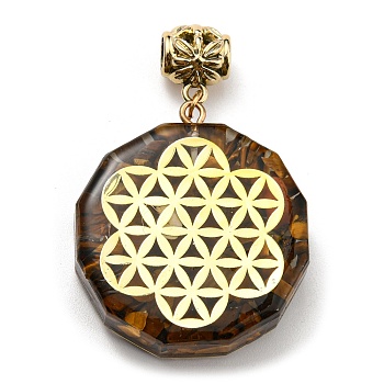 Natural Tiger Eye European Dangle Polygon Charms, Large Hole Pendant with Golden Plated Alloy Flower Slice, 53mm, Hole: 5mm, Pendant: 39x35x11mm