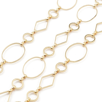Brass Oval & Ring & Diamond Link Chains, Unwelded, with Spool, Real 18K Gold Plated, 19.5x13x1mm, 8x1mm, 16.5x9x1mm