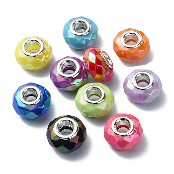 Opaque Acrylic European Beads, with Stainless Steel Core, Large Hole Beads, AB Color, Faceted, Flat Round, Mixed Color, 15x8.5~9mm, Hole: 5mm