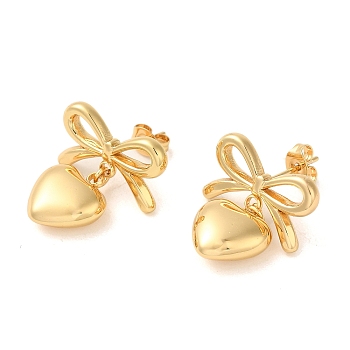 Bowknot 304 Stainless Steel Earrings, Heart Dangle Earrings for Women, Golden, 23x19.5mm