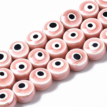 Handmade Porcelain Ceramic Beads Strands, Bright Glazed Porcelain, Flat Round with Evil Eye, Pink, 8x5mm, Hole: 1.5mm, about 40pcs/strand, 12.01 inch(30.5cm)