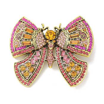 Butterfly Alloy Rhinestone Brooches for Backpack Clothes, Fuchsia, 59x67.5mm