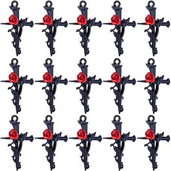 30Pcs Alloy Pendants, Cross with Rose Charm, Electrophoresis Black, 38x23x5.5mm, Hole: 2mm