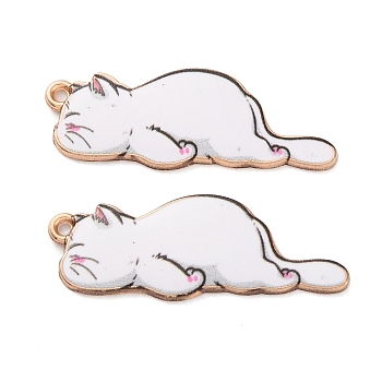 Alloy Enamel Pendants, Light Gold, Cat Charm, White, 35x13x1.5mm, Hole: 1.5mm