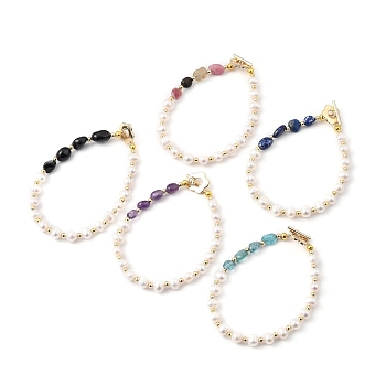 Natural Cultured Freshwater Pearl Beaded Bracelets, with Natural Gemstone Beads, Golden Plated Brass Beads and Flower Toggle Clasps, 7-5/8 inch(19.5cm)