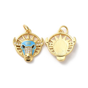 Rack Plating Brass Micro Pave Cubic Zirconia Pendants, with Jump Ring and Enamel, Lead Free & Cadmium Free, Cattle Charm, Real 18K Gold Plated, Deep Sky Blue, 19x16.5x4mm, Hole: 3.5mm
