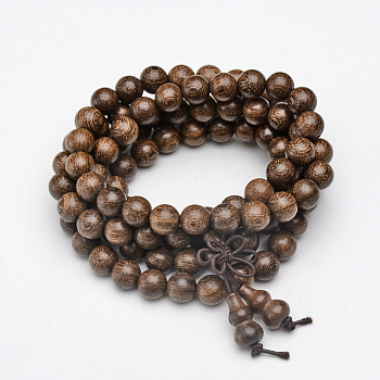 5-Loop Wrap Style Buddhist Jewelry, Sandalwood Mala Bead Bracelets/Necklaces, Round, Camel, 31-1/4 inch(88cm)
