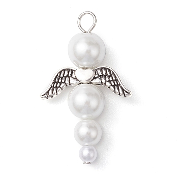 Glass Pearl Pendants, with Alloy Charms, Angel, White, Antique Silver & Platinum, 33x20x8mm, Hole: 3.2mm