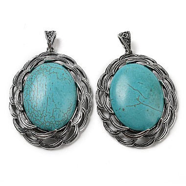 Antique Silver Oval Synthetic Turquoise Big Pendants