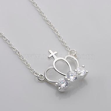 Trendy Silver Color Plated Brass Cubic Zirconia Crown and Cross Pendant Necklaces(NJEW-BB12661)-2