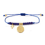 304 Stainless Steel Charm Bracelets, Glass & Brass Beads Braided Bead Bracelets for Women, Cross & Flat Round with Saint Benedict, Prussian Blue, 11.02 inch(28cm)(VS5407-3)