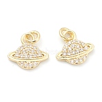 Brass Clear Cubic Zirconia Charms, Cadmium Free & Lead Free, Long-Lasting Plated, with Jump Ring, Planet, Golden, 12x13x2mm, Hole: 2mm(ZIRC-B010-16G)