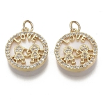 Brass Micro Pave Cubic Zirconia Pendants, for Valentine's Day, with Freshwater Shell and Jump Ring, Flat Round with Kids & Word Love, Nickel Free, Real 18K Gold Plated, Clear, 18x16x3.5mm, Hole: 3mm(KK-R136-028-NF)