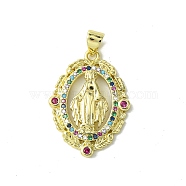 Real 18K Gold Plated Brass Micro Pave Random Color Cubic Zirconia Pendants, Oval with Virgin Mary Pattern Charms, Colorful, 27x20x3.5mm, Hole: 3x4mm(KK-H472-37A-02G)