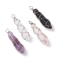 Natural Mixed Gemstone Pointed Pendants, with Platinum Tone Copper Wire Wrapped, Faceted Bullet Charm, 37~40.5x9~9.5x9mm, Hole: 2.5~3.5mm(PALLOY-JF01162)