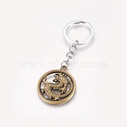 Alloy Keychain, with Iron Chain and Rings, Flat Round with Dragon, Antique Bronze & Platinum, 94.5mm, Pendant: 39x34x2mm(KEYC-M019-32B)