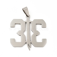 201 Stainless Steel Pendants, Number 33, Stainless Steel Color, 35.5x35x1.5mm, Hole: 8x4mm(STAS-D190-17P)