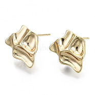 Brass Stud Earring Findings, with Loop, Nickel Free, Twist, Real 18K Gold Plated, 12x15mm, Hole: 1mm, Pin: 0.7mm(X-KK-N232-116-NF)