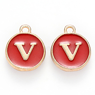 Golden Plated Alloy Enamel Charms, Cadmium Free & Lead Free, Enamelled Sequins, Flat Round, Red, Letter.V, 14x12x2mm, Hole: 1.5mm(ENAM-S118-03V)