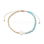 3mm Round Faceted Dyed Natural Magnesite & Seed Beads Braided Bead Bracelets, Adjustable Cross Natural Sea Shell Bracelets for Women, 0.2~0.35cm, Inner Diameter: 2-1/8~2-3/8 inch(5.5~6cm) (BJEW-JB10594-01)