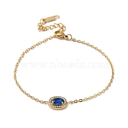 Oval Cubic Zirconia Link Bracelets, with Golden Stainless Steel Cable Chains, Deep Sky Blue, 6-1/4 inch(16cm)(TI7609-3)