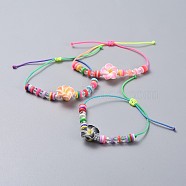 Adjustable Nylon Thread Kid Braided Beads Bracelets, with Polymer Clay Heishi Beads Beads and Glass Beads, Flower, Mixed Color, 1/8 inch~2-7/8 inch(1.9~7.3cm), 5mm(BJEW-JB04453-M)