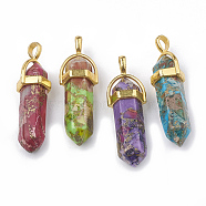 Synthetic Gold Line Regalite/Imperial Jasper/Sea Sediment Jasper Double Terminated Pointed Pendants, with Brass Findings, Dyed, Bullet, 40~41x12~13x10~10.5mm, Hole: 3x4.5mm(G-S329-013)