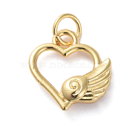 Brass Charms, Long-Lasting Plated, Matte Style, Heart and Wing, Real 18K Gold Plated, 13x12x3mm, Hole: 4mm(ZIRC-G160-56G)