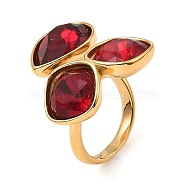 Teardrop & Square Glass Open Cuff Rings, Real 18K Gold Plated 304 Stainless Steel Ring, FireBrick, US Size 7 1/4(17.5mm)(RJEW-G289-01G-05)