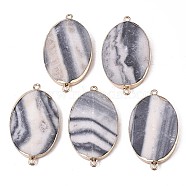 Natural Dalmatian Jasper Links Connectors, with Edge Golden Plated Iron Loops, Oval, Faceted, 42.5x25x9.5mm, Hole: 1.8mm(G-S359-090A)