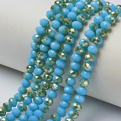 Electroplate Opaque Solid Color Glass Beads Strands, Half Plated, Rainbow Plated, Faceted, Rondelle, Deep Sky Blue, 8x6mm, Hole: 1mm, about 65~68pcs/strand, 15.7~16.1 inch(40~41cm)(EGLA-A034-P8mm-K18)