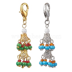 Glass Seed Bead Pendant Decorations, with Iron Bead Caps, Glass Pearl Bead and Zinc Alloy Lobster Claw Clasps, Platinum & Golden, 55mm(HJEW-MZ00057)