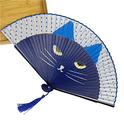 Cat Pattern Bamboo with Satin Folding Fan, for Party Wedding Dancing Decoration, Midnight Blue, 210mm(WOCR-PW0005-01B-02)