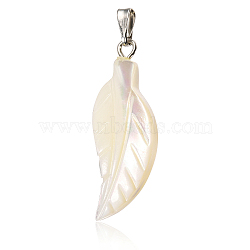 Natural Trochid Shell/Trochus Shell Pendants, with Platinum Tone Zinc Alloy Findings, Leaf Charm, 27~29x9~10x3.5~4.5mm, Hole: 2~3x5.5~7mm(BSHE-CJC0002-13)