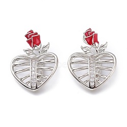 Brass Micro Pave Clear Cubic Zirconia Pendants, with Red Enamel, Long-Lasting Plated, Heart with Rose, Platinum, 23x17x3.5mm, Hole: 4x2mm(KK-J278-04P)