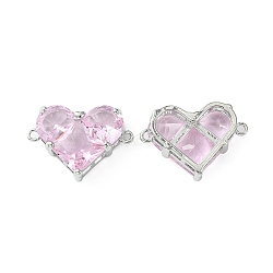 Brass Pave Cubic Zirconia Connector Charms, Heart Links, Real Platinum Plated, Pink, 18.5x26x7.5mm, Hole: 1.6mm(KK-L208-04P-03)