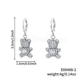 Cute Cartoon Bear Brass Hoop Earrings, with Rhinestone, Silver, 33x13mm(RU9972-2)