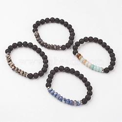 Natural Gemstone Stretch Bracelets, with Lava Rock Beads and Brass Spacer Beads, Abacus and Round, Faceted, 54mm(2-1/8 inch)(BJEW-JB02662)