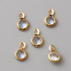 Clear Cubic Zirconia Charms, with Brass Edge & Loop, Flat Round Charm, Long-Lasting Plated, Real 18K Gold Plated, 7.5x4.5x2mm, Hole: 1.4mm(KK-WH0045-69)