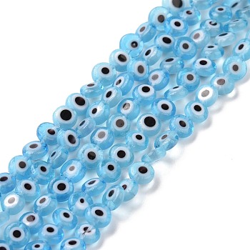 Handmade Lampwork Beads, Flat Round with Evil Eye, Light Sky Blue, 4.5x2.5mm, Hole: 0.6mm, about 90~100pcs/strand, 15.35''~15.75''(39~40cm)