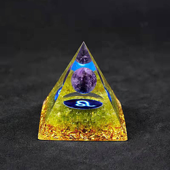 Resin Orgonite Pyramid Home Display Decorations, with Natural Amethyst/Natural Gemstone Chips, Constellation, Leo, 50x50x50mm