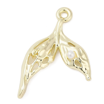 Alloy & ABS Imitation Pearl Pendants, Fishtail Shaped Charms, Rack Plating, Cadmium Free & Nickel Free & Lead Free, White, Golden, 23.5x17x2.5mm, Hole: 1.6mm