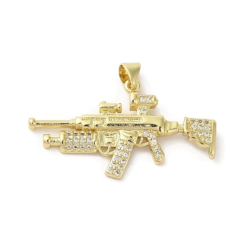 Rack Plating Brass Micro Pave Cubic Zirconia Pendants, Gun, Long-Lasting Plated, Cadmium Free & Lead Free, Real 18K Gold Plated, 21x37x2.5mm, Hole: 4x3mm