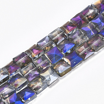 Electroplate Glass Beads Strands, Half Plated, Faceted, Square, Blue, 8x8x5.5mm, Hole: 1mm, about 80pcs/strand, 25.1 inch