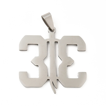 201 Stainless Steel Pendants, Number 33, Stainless Steel Color, 35.5x35x1.5mm, Hole: 8x4mm