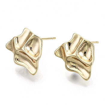 Brass Stud Earring Findings, with Loop, Nickel Free, Twist, Real 18K Gold Plated, 12x15mm, Hole: 1mm, Pin: 0.7mm