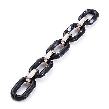 Handmade Acrylic Cable Chains, Imitation Gemstone Style, with CCB Plastic Linking Ring, Rectangle, Rose Gold, Black, Links: 38x23.5x6.5mm and 24.5x15x6.5mm, 39.37 inch(1m)/strand