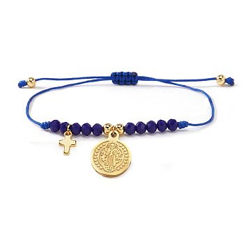304 Stainless Steel Charm Bracelets, Glass & Brass Beads Braided Bead Bracelets for Women, Cross & Flat Round with Saint Benedict, Prussian Blue, 11.02 inch(28cm)