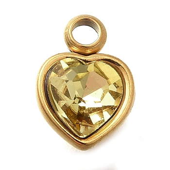 304 Stainless Steel with Rhinestone Pendants, Ion Plating(IP), Heart, Light Topaz, 9.5x6.5x4.5mm, Hole: 1.6mm